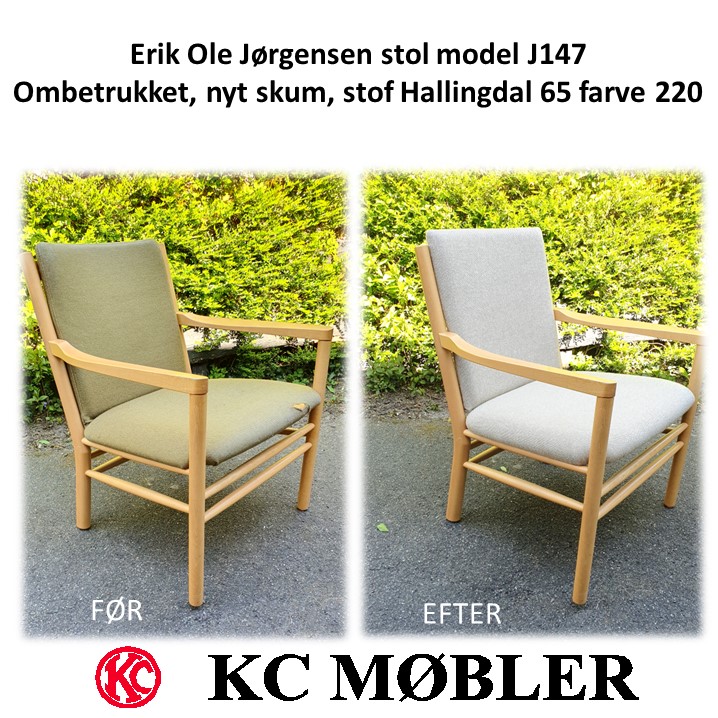 Erik Ole Jørgensen stol model J147 ombetrukket med stof Hallingdal farve 220