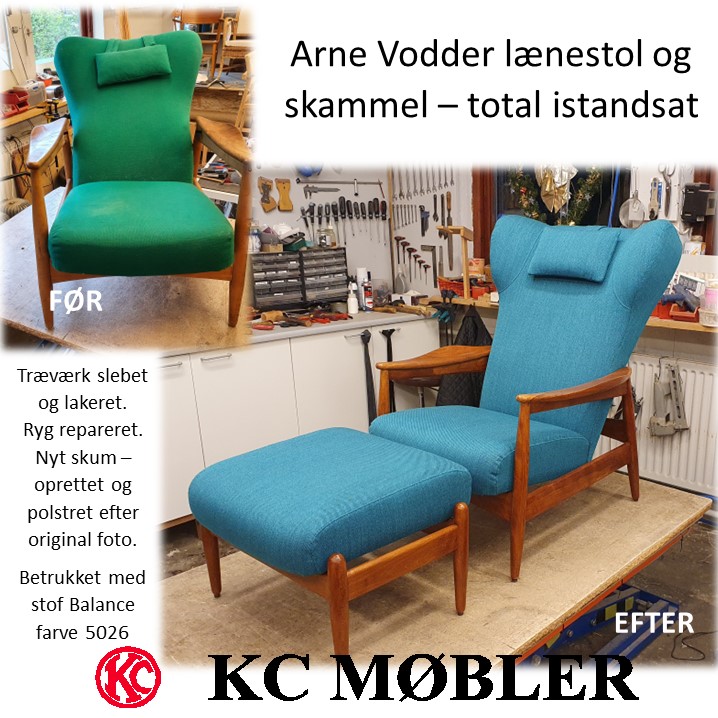 ombetrækning af Arne Vodder lænestol og skammel