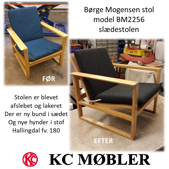 Børge Mogensen slædestol model BM2256 slebet og sæbebehandlet. Nye hynder med stof Hallingdal farve 180