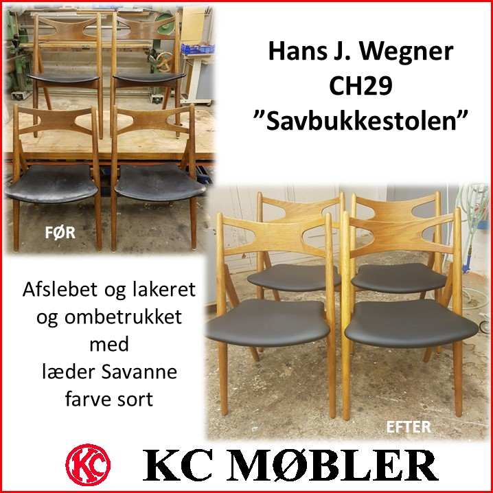 total istandsættelse og polstring af Hans J. Wegners savbukkestole model CH29 med sort læder. Træværket er slebet og lakeret.
