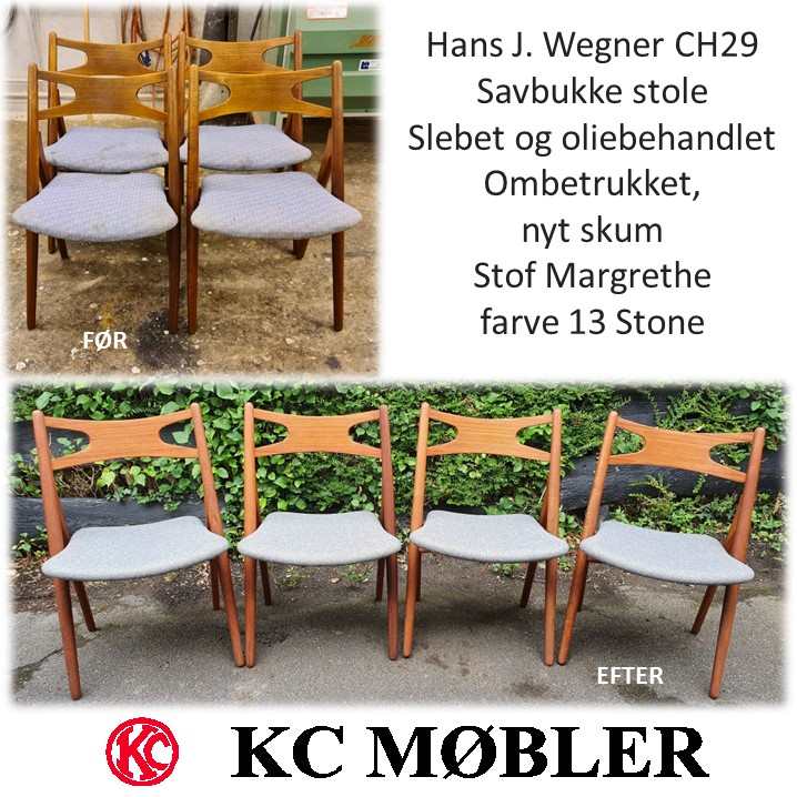 Hans J. Wegner savbukkestole slebet og oliebehandlet. Ombetrukket med uldstof Margrethe