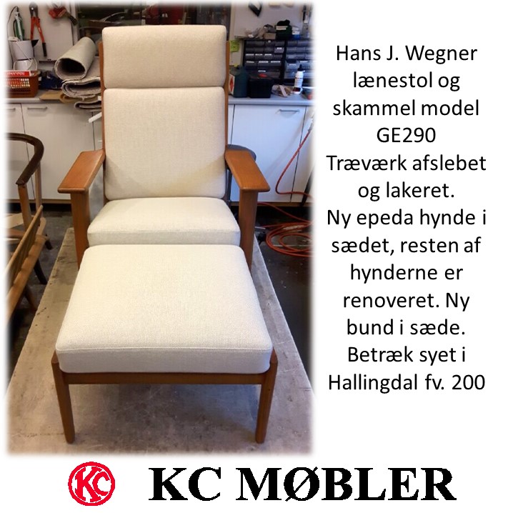 Ombetrækning af Hans J. Wegner lænestole og skammel model GE290 med stof Hallingdal farve 200. Træværk slebet og lakeret.