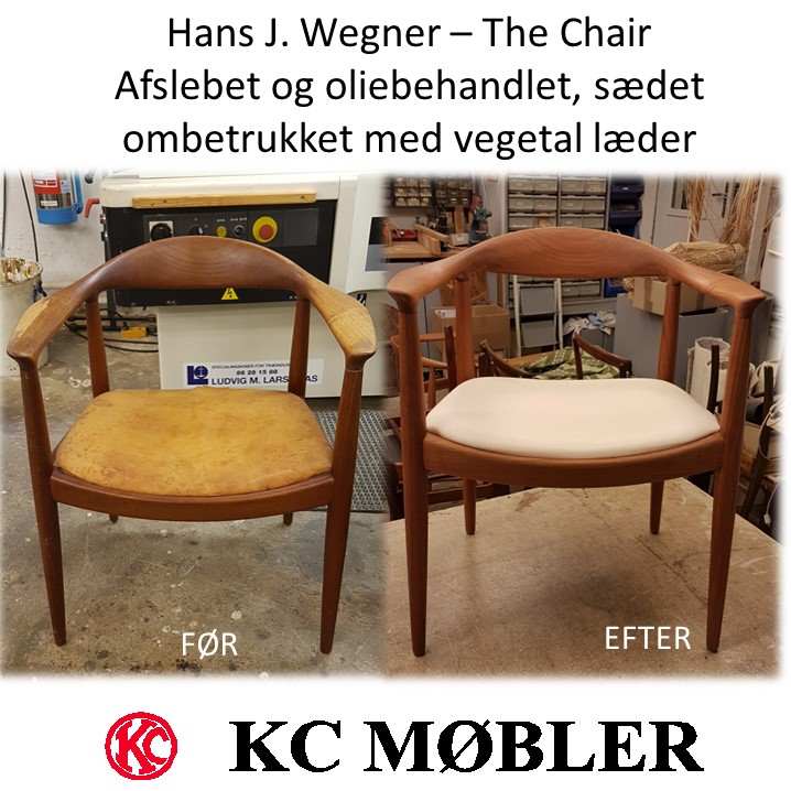 ombetrækning af Hans J. Wegner stol model PP503 - the chair - den runde stol - med vegetal læder. Træværket er slebet og oliebehandlet.