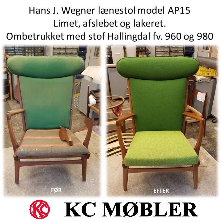 Istandsættelse af Hans J. Wegner lænestole model AP15. træværket er limet, slebet og lakeret.  Stolen er ombetrukket med stof hallingdal farve 960 og 980