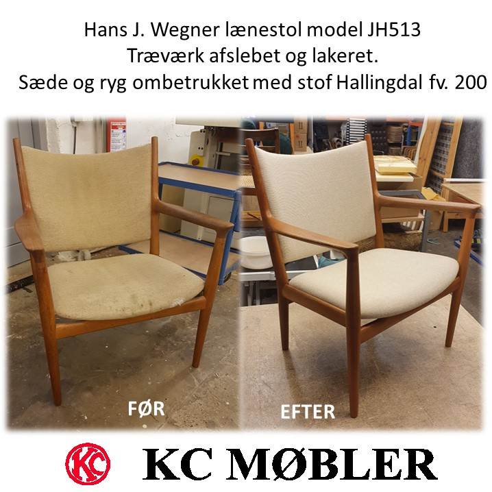renovering og ombetrækning af Hans J. Wegner lænestol model JH513. Træværket er slebet og lakeret. Stolen er polstret med stof Hallingdal farve 200 beige