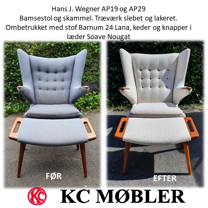 Ombetrækning af Hans J. Wegner bamsestol og skammel, model AP19 og AP29, med stof Barnum farve 24 lana. Keder og knapper i læder Soave farve nougat
