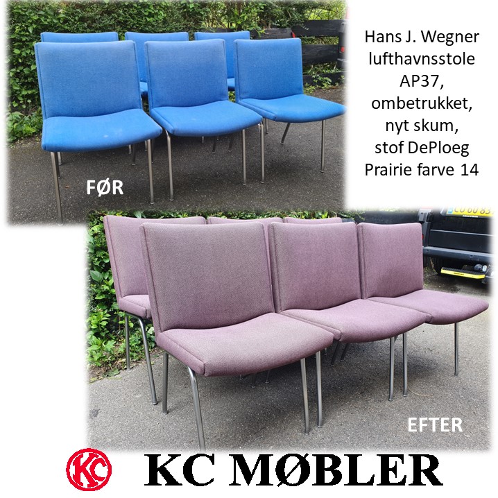 Vi ombetrækker Hans J. Wegner møbler, her er det 6 lufthavnsstole model AP37 som har fået nyt stof