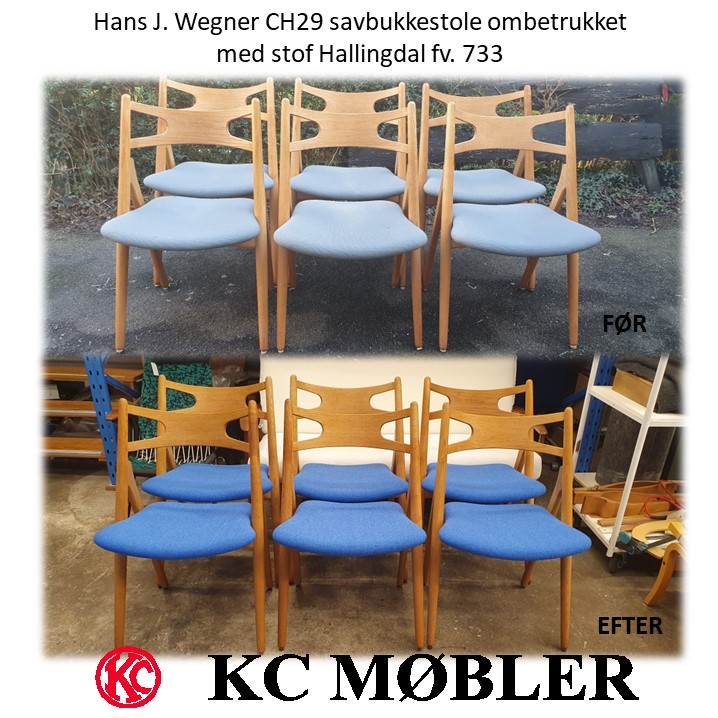 Vi ombetrækker Hans J. Wegner møbler. Her har vi ombetrukket 6 CH29 savbukkestole med stof Hallingdal farve 733