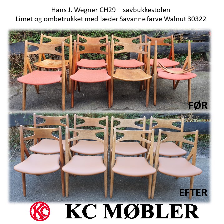 ombetrækning af savbukkestole. Hans J. Wegner CH29 med læder Savanne farve Walnut