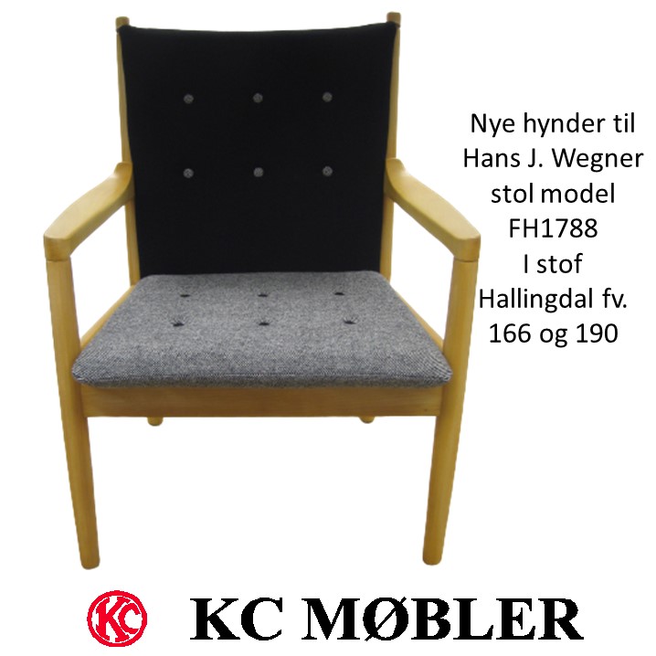 Vi fremstiller nye hynder til Hans J. Wegner møbler. Her har vi lavet nye hynder til model FH1788 med stof Hallingdal farve 166 og 190