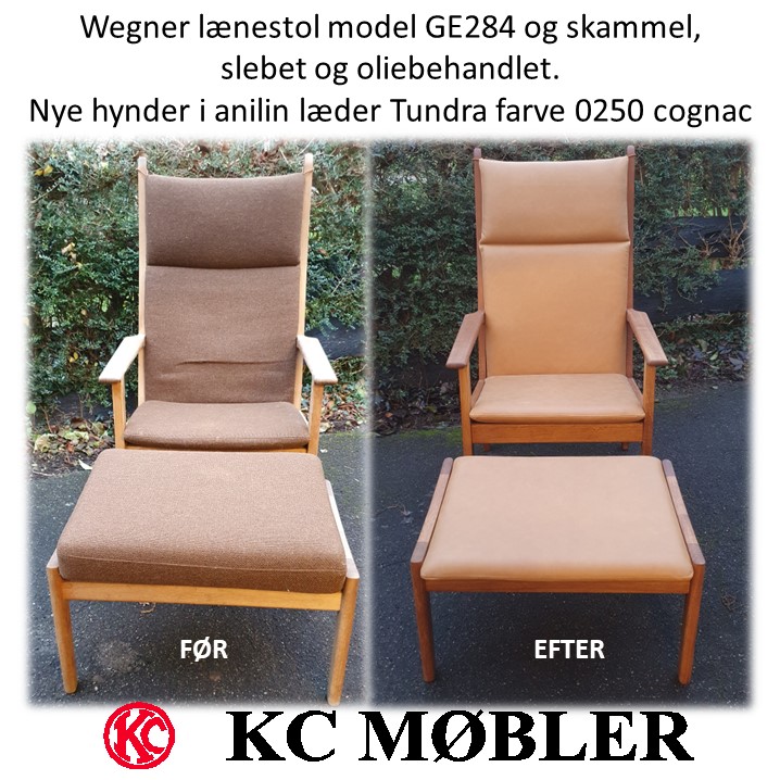 Ombetrækning af Hans J. Wegner lænestol model GE284 med læder incl. skammel