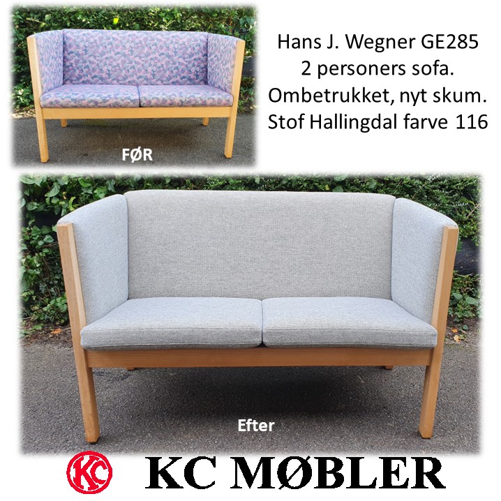 Lille 2 personers sofa model GE285, designet af Hans J. Wegner. Ombetrukket med stof Hallingdal farve 116