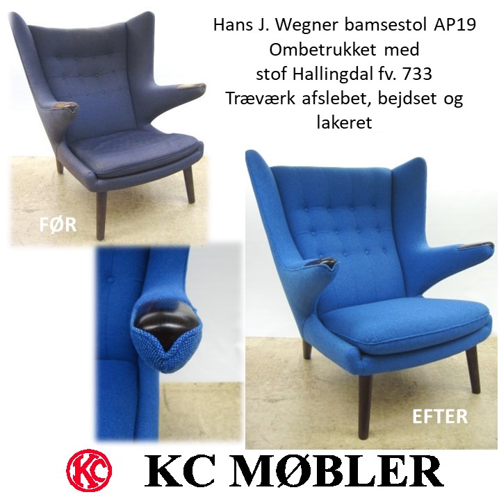 Ombetrækning af Hans J. Wegners bamsestol model AP19 med stof Hallingdal farve 733