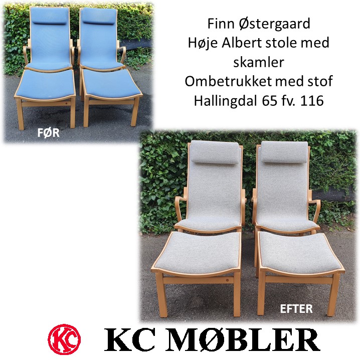 Vi ombetrækker høje Albert stole designet af Finn Østergaard. Her ombetrukket med Hallingdal farve 116