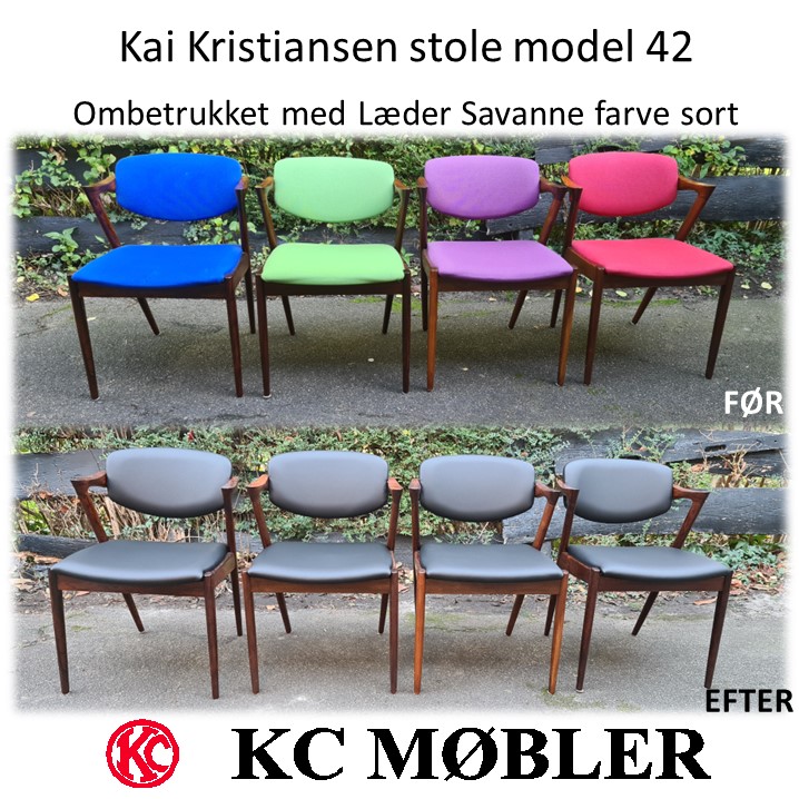 ompolstring af Kai Kristiansen stole model 42 med læder Savanne farve sort