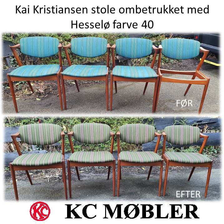 ombetrækning af Kai kristiansen stole model 42 med almue stof design Hesselø