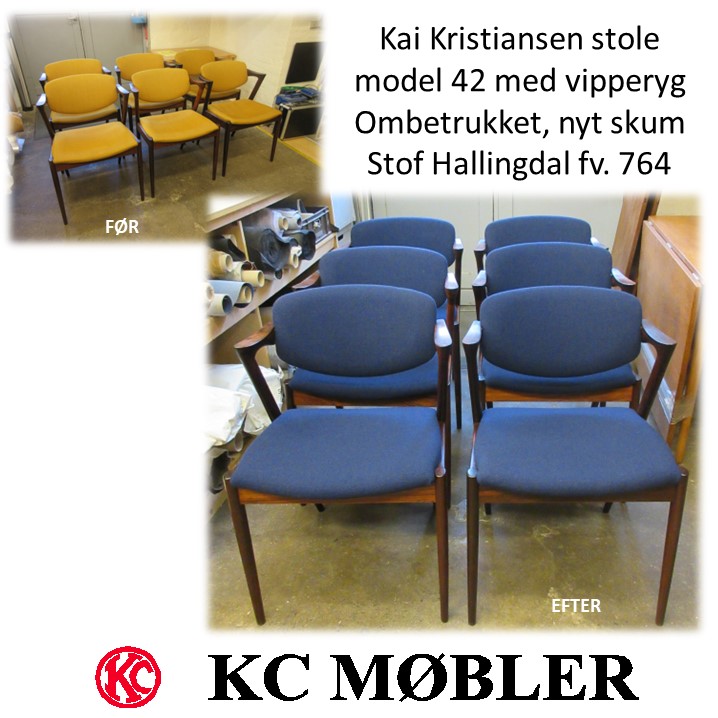 6 stole model 42 med vipperyg designet af Kai Kristiansen  - også kaldet z-stolen. Ombetrukket med stof Hallingdal fra kvadrat