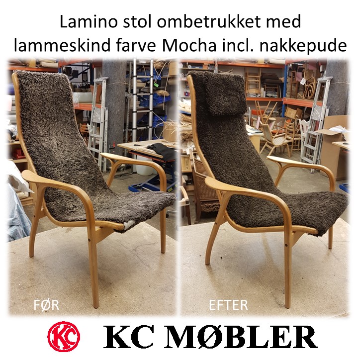 ombetrækning af laminostol designet af Yngve Ekström med lammeskind