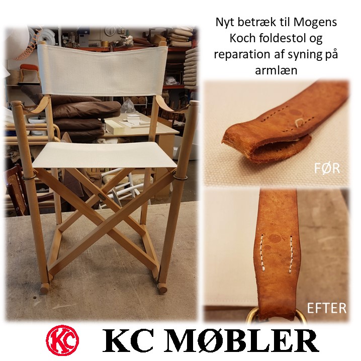 nyt betræk til Mogens Koch foldestole og reparation af syninger på læder armlæn