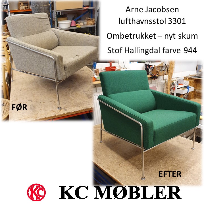 ombetrækning af Arne Jacobsen lufthavns stol model 3301 med stof hallingdal farve 944