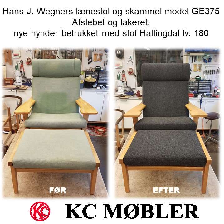nye hynder til Hans J. Wegner lænestol og skammel model GE375. Træværket er slebet og lakeret.