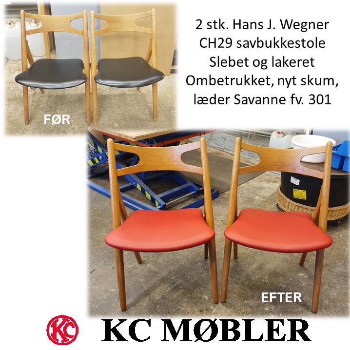 ombetrækning af Wegners savbukkestole model CH29 med læder