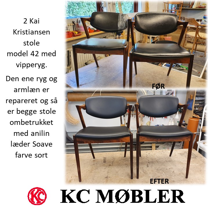 stole model 42 med vipperyg designet af Kai Kristiansen  - også kaldet z-stolen. Ombetrukket med stof anilin læder Soave i sort
