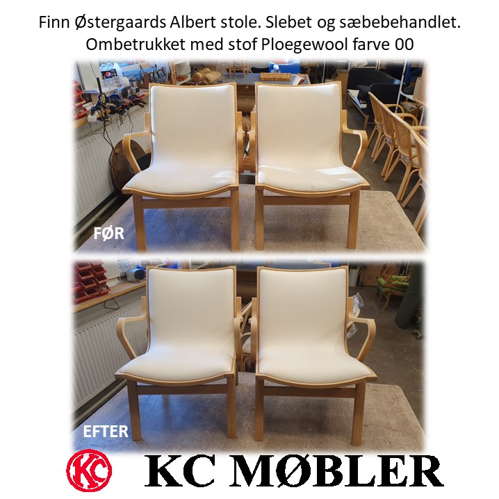 2 lave Albert stole designet af Finn Østergaard, ombetrukket med uldstof Ploegewool