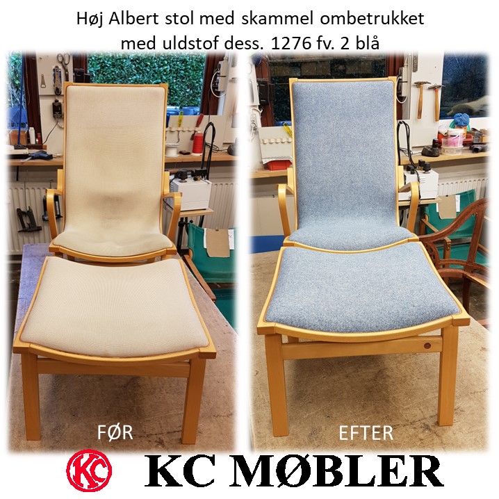 ombetrækning af Høj Albert stol og skammel med uldstof - designet af Finn Østergaard