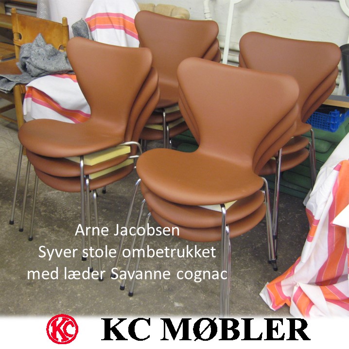 Arne Jacobsen syver stole ombetrukket med læder Savanne farve cognac