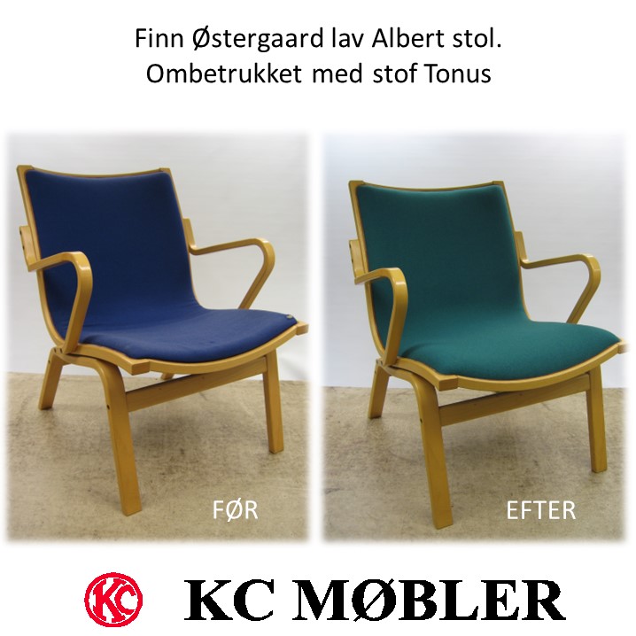 Lav Albert stol, designet af Finn Østergaard, ombetrukket med stof Tonus fra Kvadrat.