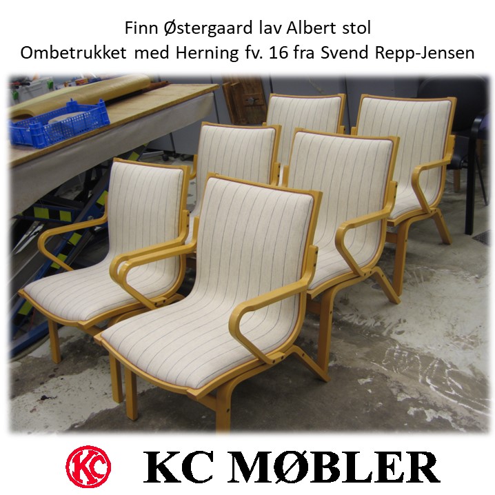 ompolstring af lave Albert stole med stribet stof fra Svend Repp-Jensen