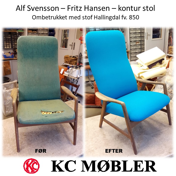 Alf Svensson Kontur lænestol, fremstillet hos Fritz Hansen, istandsat og ompolstret med stof Hallingdal i flot turkis blå