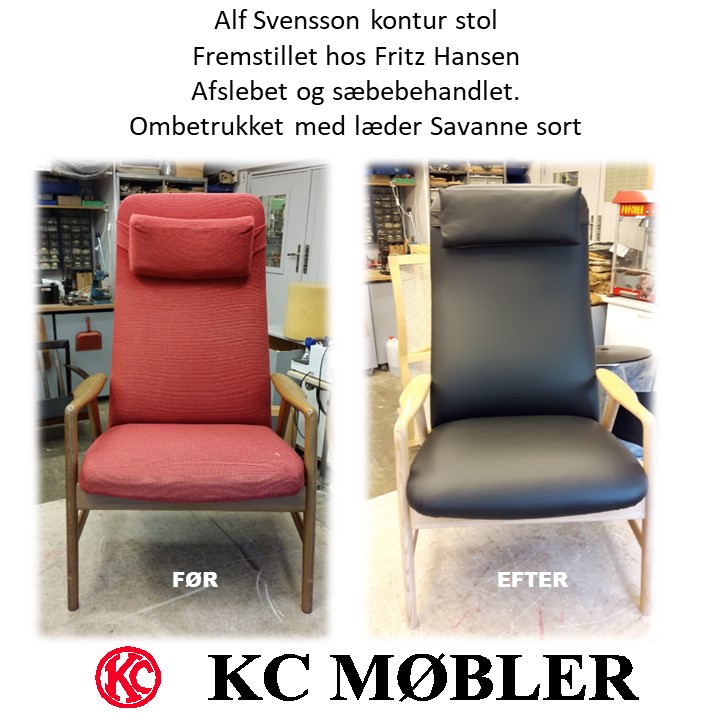 Alf Svensson Kontur lænestol, fremstillet hos Fritz Hansen, istandsat og ompolstret med sort læder