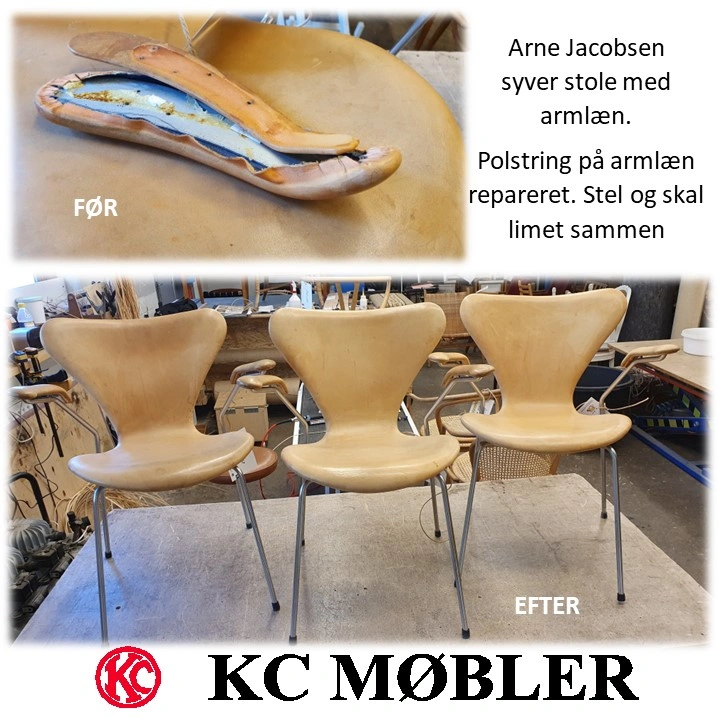Arne Jacobsen syver stole repareres på møbelværksted i København