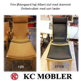 Høj Albert stol med skammel, ompolstret med sort læder