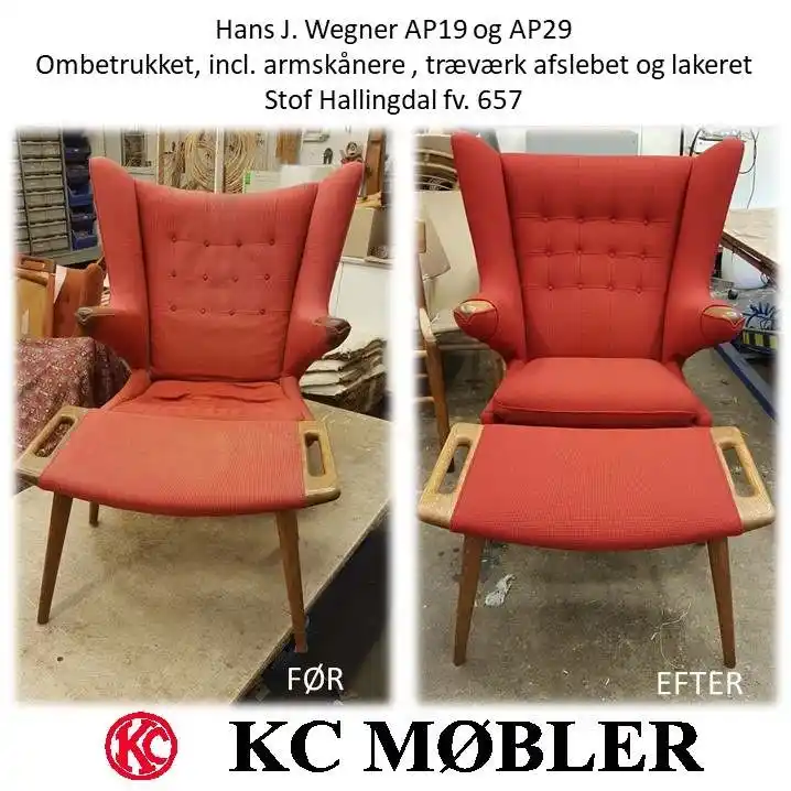ombetrækning af Wegner bamsestol og skammel, model AP19 og AP29, med stof hallingdal farve 657 rød