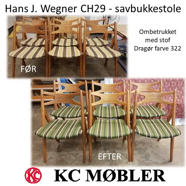 Vi ombetrækker Hans J. Wegner møbler. Her har vi ombetrukket 6 CH29 savbukkestole med stribet stof Dragør