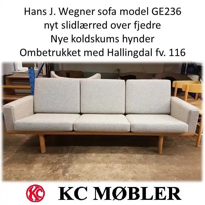 ombetrækning af Wegner sofa model GE236, nye koldskumshynder, stof Hallingdal farve 116